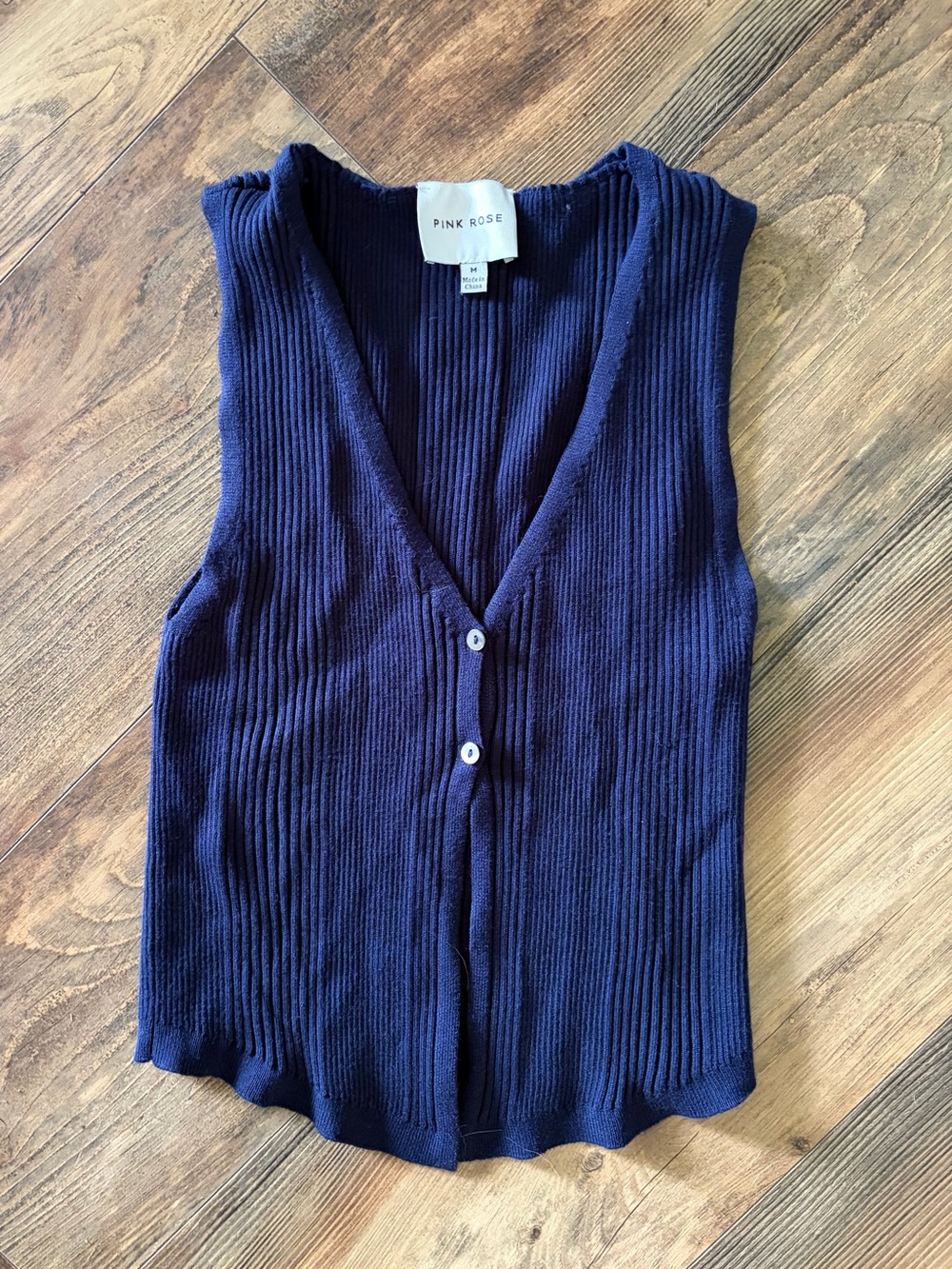 Pink Rose Navy Ribbed V-Neck Button Vest